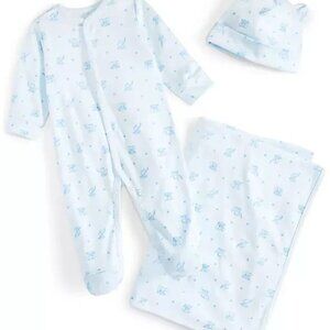 First Impressions Coverall Hat and Blanket 3 Pc Gift Set Baby Unisex Blue
